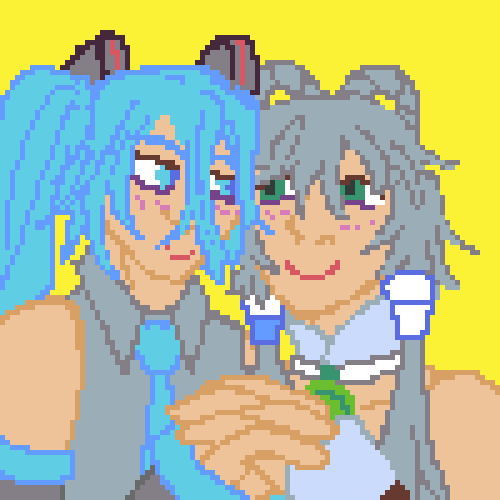 pixel art of vocaloids hatsune miku and luo tianyi. they can be seen from about the bust up. their heads are touching and theyre holding hands. they are also blushing and smiling at eachother